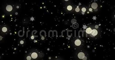 白色的雪花，金色的纸屑和黑色圣诞背景上的bokeh灯。 3D用阿尔法通道渲染图像